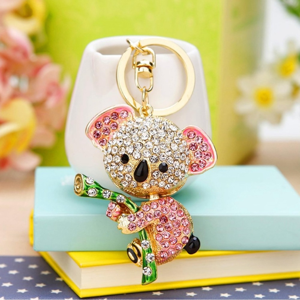 🎉Host Pick🎉Pink Rhinestone Koala Bear Gold Keychain Purse Charm w Moving head